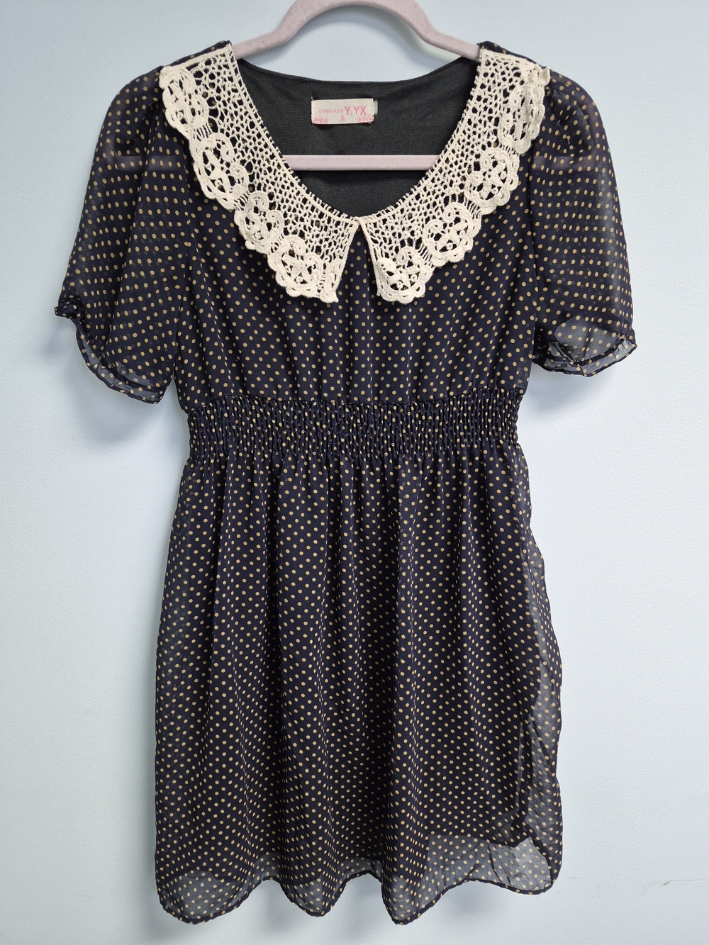 Navy Blue Polka Dot Dress with Cream Crocheted Collar